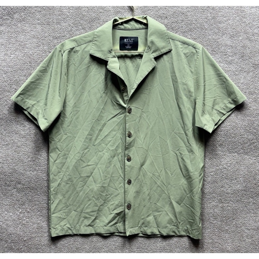 BYLT Palmoa Shirt Mens Large Green Street Short Sleeve Button Performance EUC